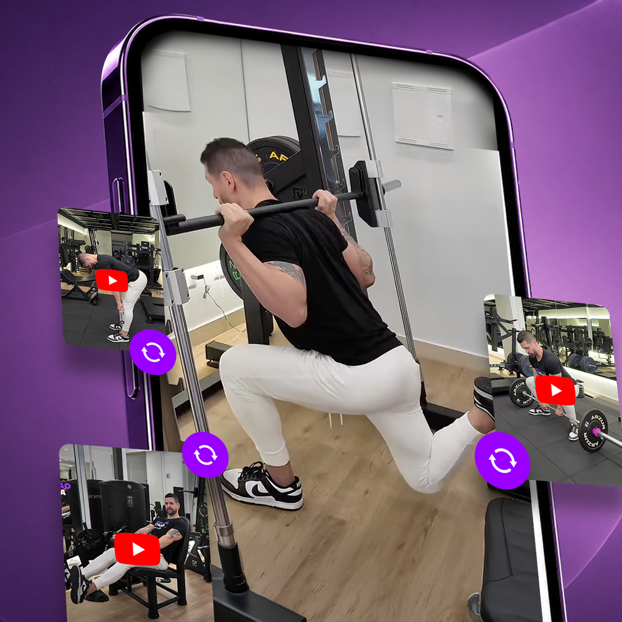 Mockup do aplicativo Definição Extrema mostrando vídeos explicativos de exercícios