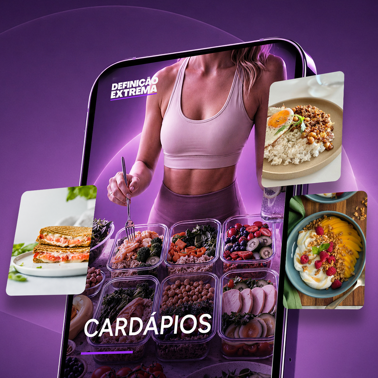 Mockup do aplicativo Definição Extrema mostrando cardápios e refeições organizadas